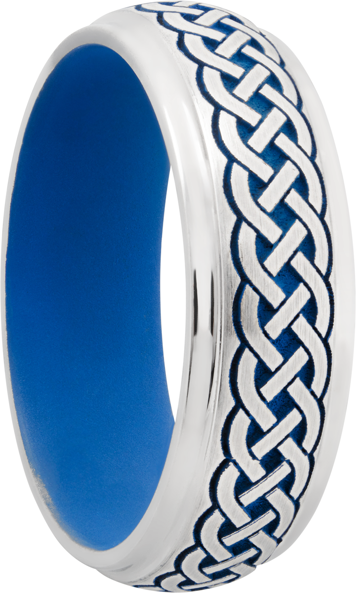 cobalt chrome 7mm domed band with grooved edges a laser-carved celtic pattern featuring royal blue cerakote