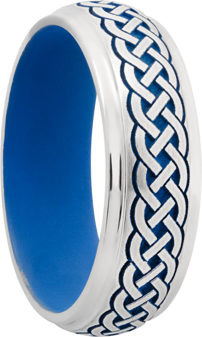 Cobalt chrome 7mm domed band with grooved edges a laser-carved Celtic pattern featuring Royal Blue Cerakote