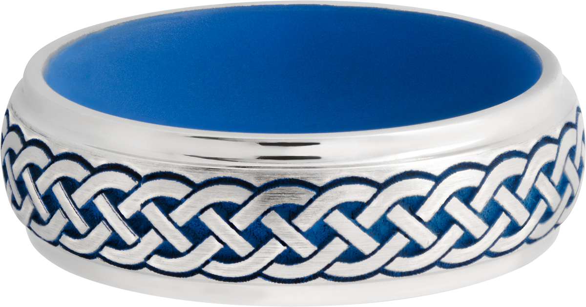 cobalt chrome 7mm domed band with grooved edges a laser-carved celtic pattern featuring royal blue cerakote