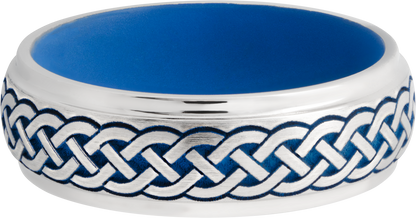 Cobalt chrome 7mm domed band with grooved edges a laser-carved Celtic pattern featuring Royal Blue Cerakote