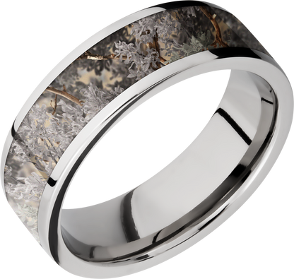 Cobalt chrome 7mm flat band with a 5mm inlay of Kings Desert Camo