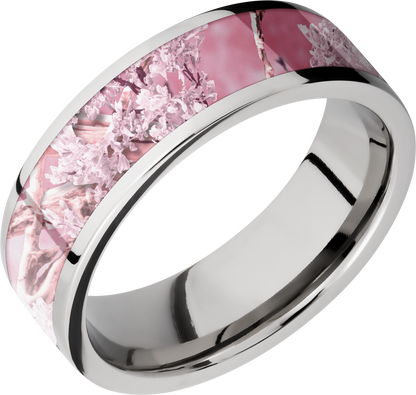 Cobalt chrome 7mm flat band with a 5mm inlay of Kings Pink Camo