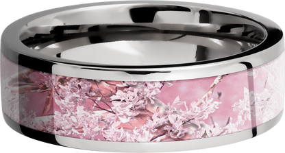 Cobalt chrome 7mm flat band with a 5mm inlay of Kings Pink Camo