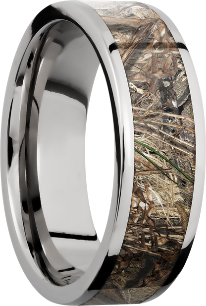 Cobalt chrome 7mm flat band with a 5mm inlay of Mossy Oak Duck Blind Camo