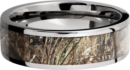 Cobalt chrome 7mm flat band with a 5mm inlay of Mossy Oak Duck Blind Camo