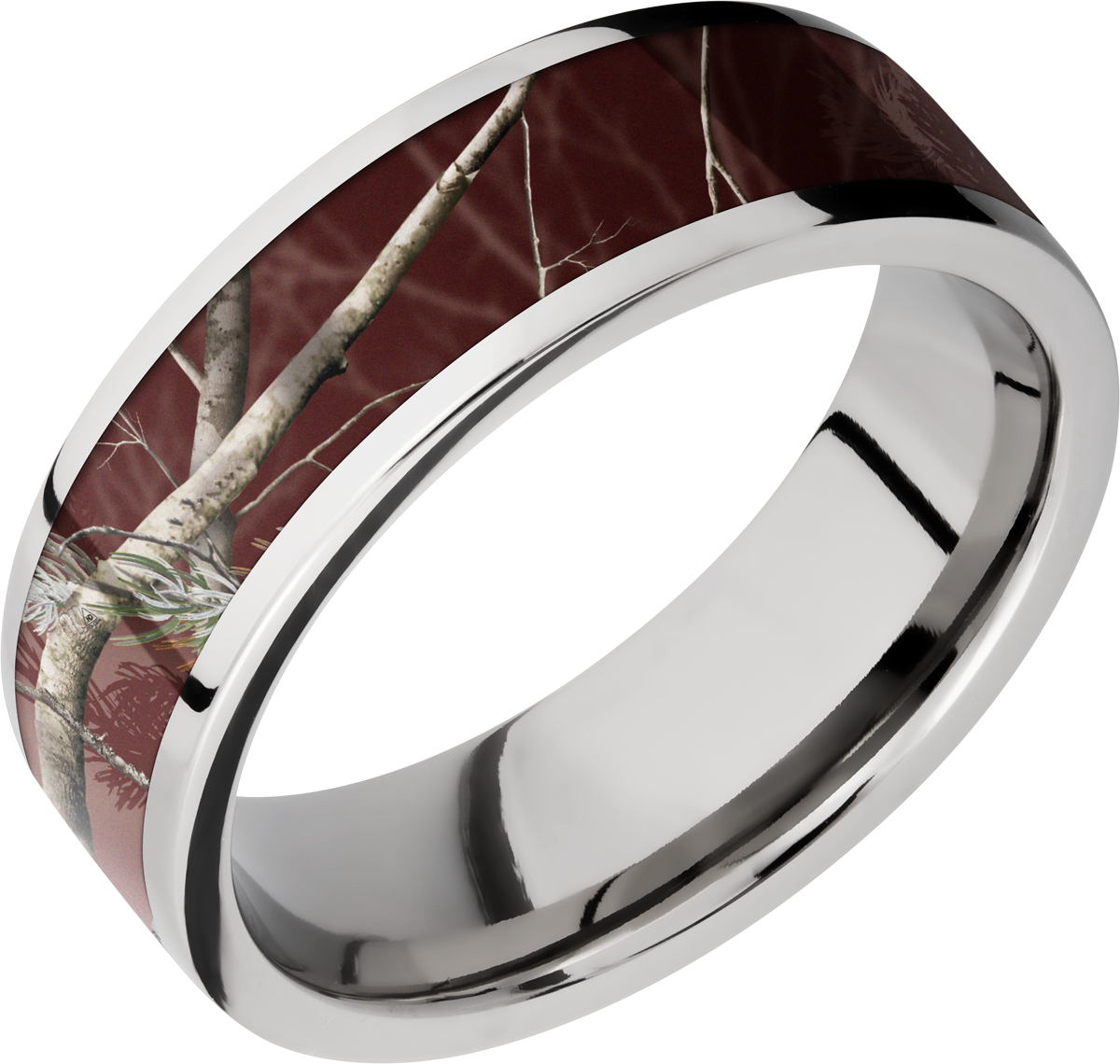 cobalt chrome 7mm flat band with a 5mm inlay of realtree apc maroon camo