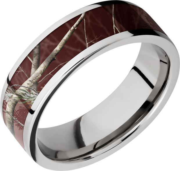 Cobalt chrome 7mm flat band with a 5mm inlay of Realtree APC Maroon Camo