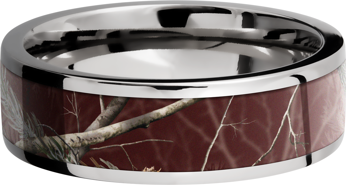 cobalt chrome 7mm flat band with a 5mm inlay of realtree apc maroon camo