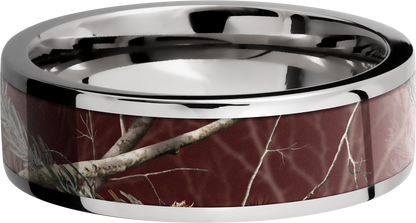 Cobalt chrome 7mm flat band with a 5mm inlay of Realtree APC Maroon Camo