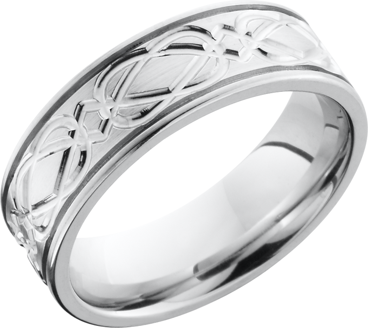 cobalt chrome 7mm flat band with 2, .5mm grooves and a laser-carved celtic weave pattern around the band