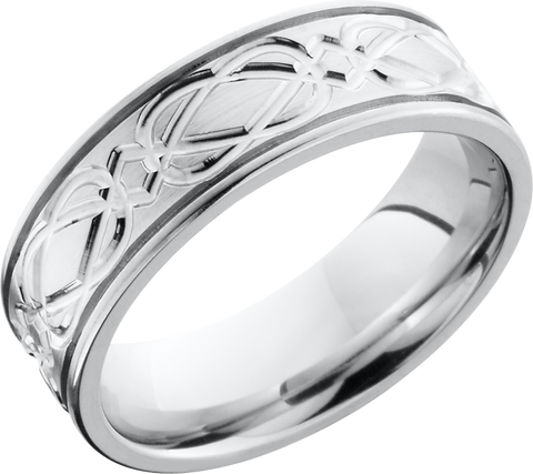 Cobalt chrome 7mm flat band with 2, .5mm grooves and a laser-carved Celtic weave pattern around the band