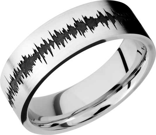 Cobalt chrome 7mm flat band with a laser-carved soundwave