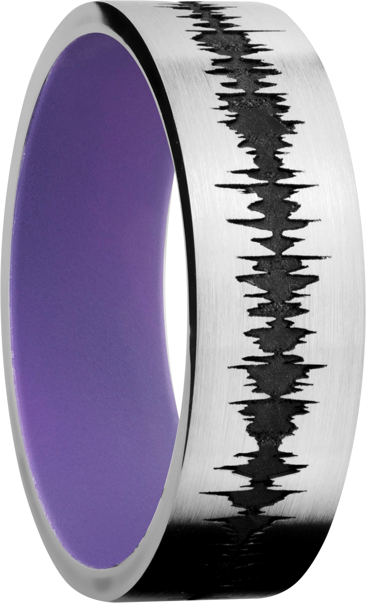 cobalt chrome 7mm flat band with a laser-carved personalized soundwave and a bright purple cerakote sleeve