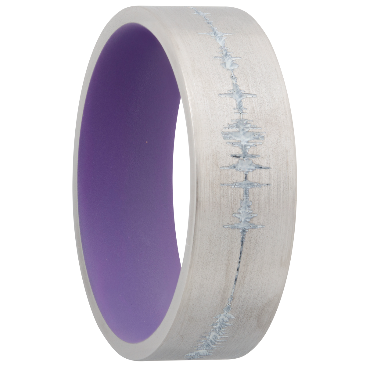 cobalt chrome 7mm flat band with a laser-carved personalized soundwave and a bright purple cerakote sleeve