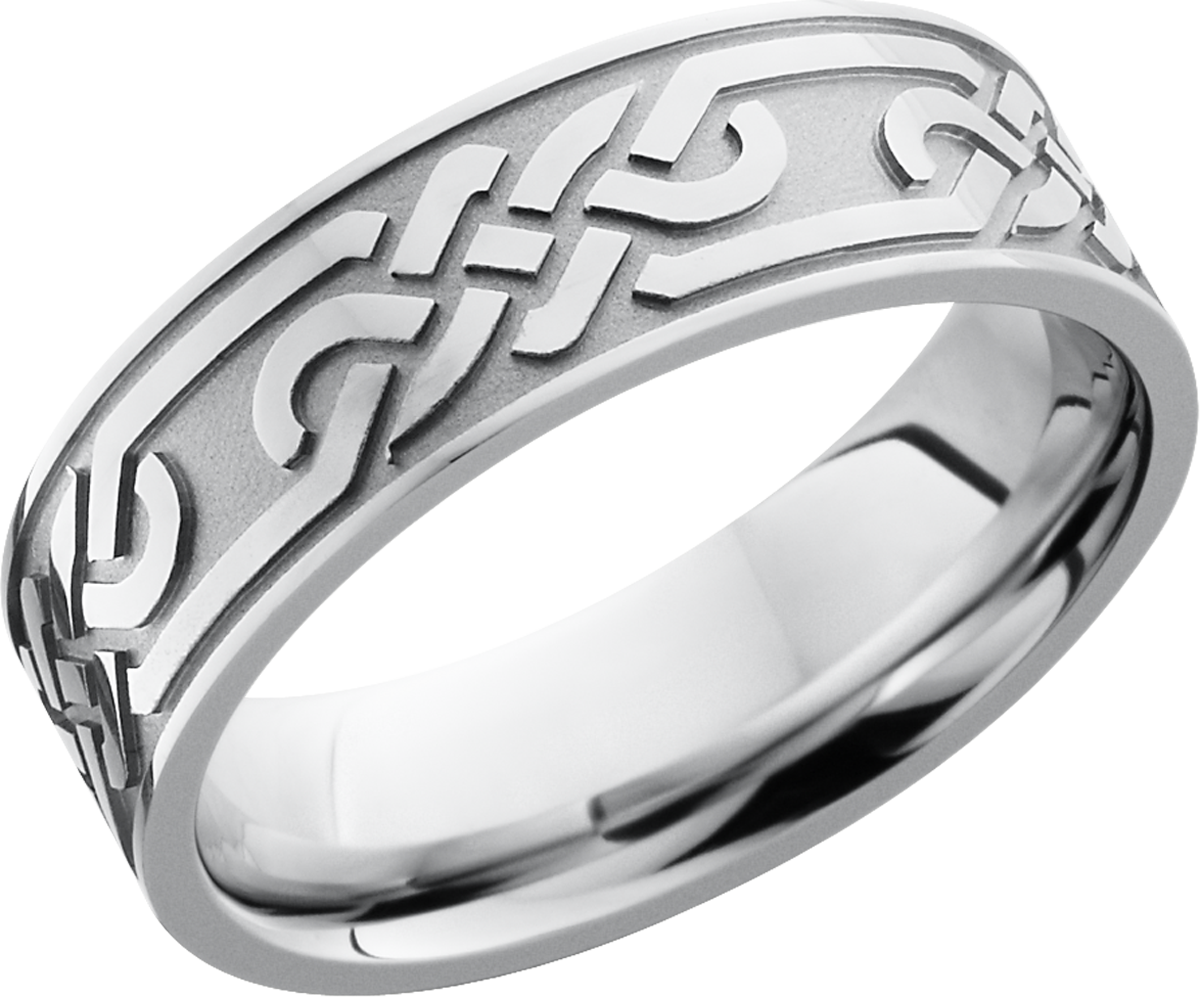 cobalt chrome 7mm flat band with a reverse laser-carved celtic loop pattern around the band