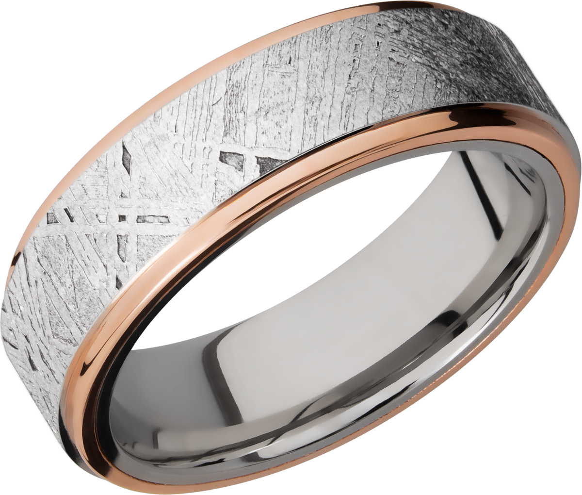 cobalt chrome 7mm flat band with an inlay of authentic gibeon meteorite and 14k rose gold edges