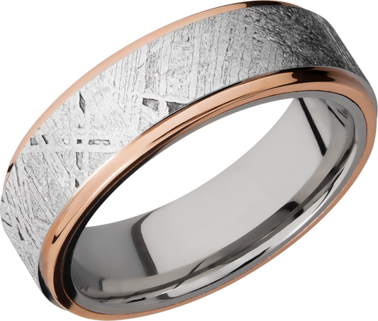 Cobalt chrome 7mm flat band with an inlay of authentic Gibeon Meteorite and 14K rose gold edges