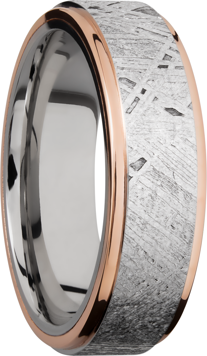 cobalt chrome 7mm flat band with an inlay of authentic gibeon meteorite and 14k rose gold edges