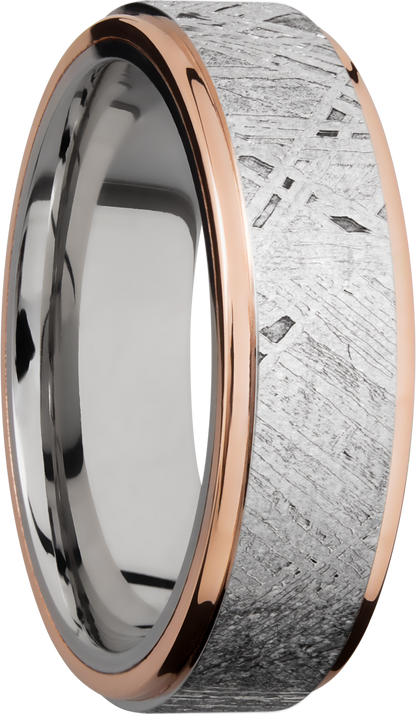 Cobalt chrome 7mm flat band with an inlay of authentic Gibeon Meteorite and 14K rose gold edges