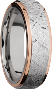 Cobalt chrome 7mm flat band with an inlay of authentic Gibeon Meteorite and 14K rose gold edges