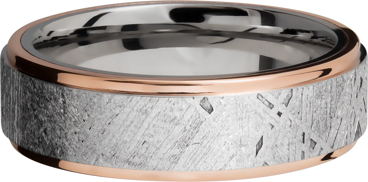 cobalt chrome 7mm flat band with an inlay of authentic gibeon meteorite and 14k rose gold edges