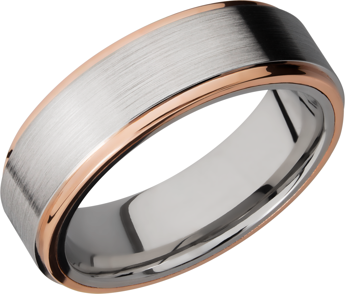 cobalt chrome 7mm flat band with grooved edges and 14k rose gold edges