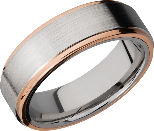 Cobalt chrome 7mm flat band with grooved edges and 14K rose gold edges