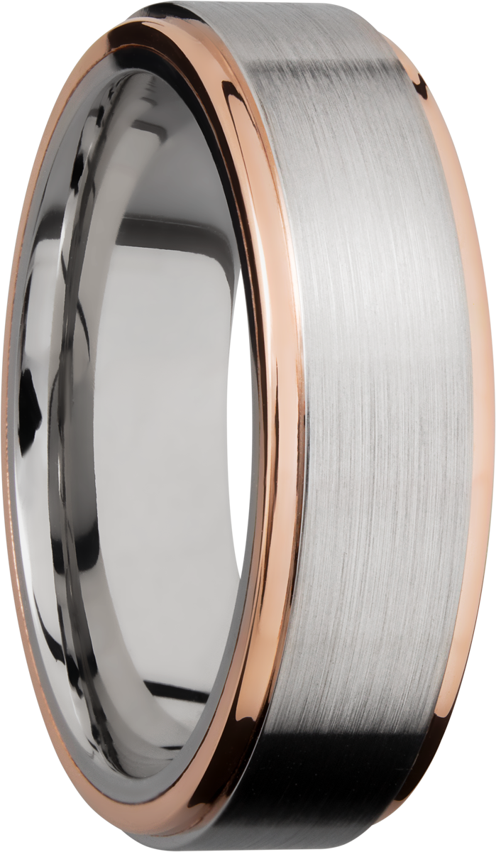 cobalt chrome 7mm flat band with grooved edges and 14k rose gold edges