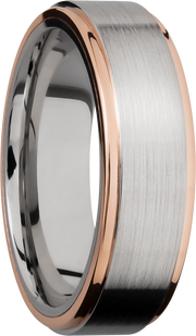 Cobalt chrome 7mm flat band with grooved edges and 14K rose gold edges