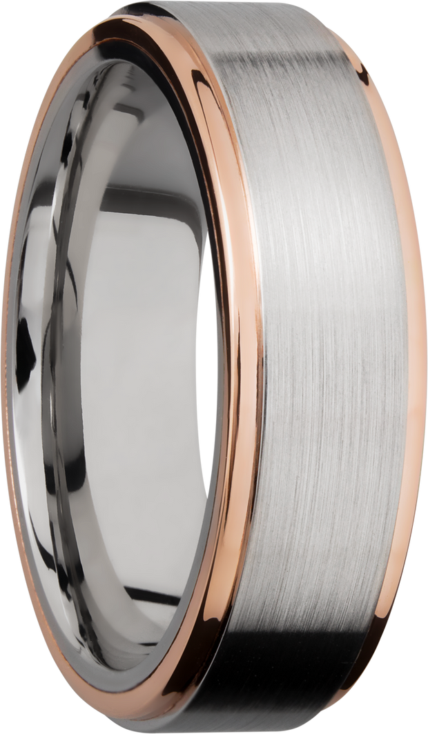 Cobalt chrome 7mm flat band with grooved edges and 14K rose gold edges