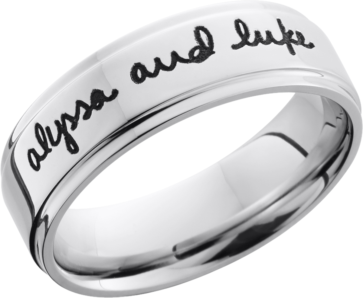 cobalt chrome 7mm flat band with grooved edges and a laser-carved handwritten message