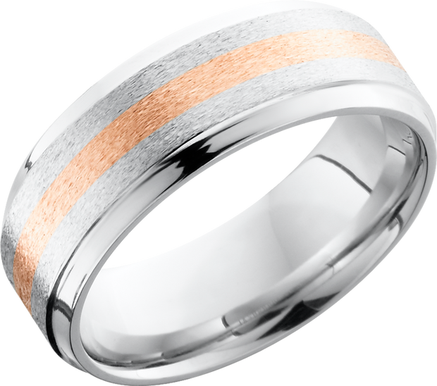 Cobalt chrome 8mm beveled band with a 14K rose gold inlay