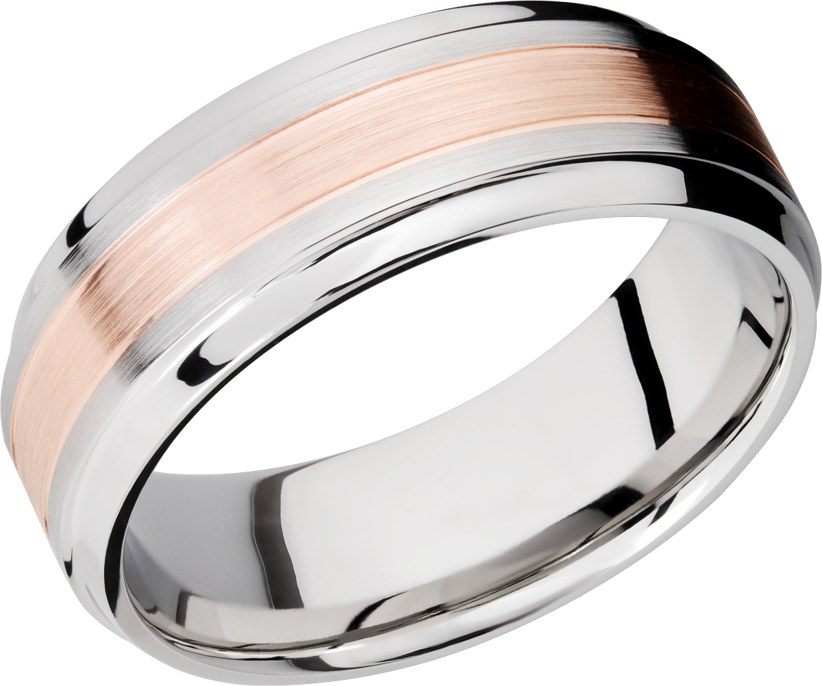 cobalt chrome 8mm with an inlay of 14k rose gold