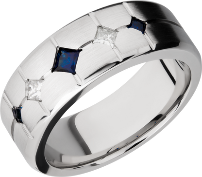 Cobalt chrome 8mm beveled band with 3 sapphires and 2 diamonds