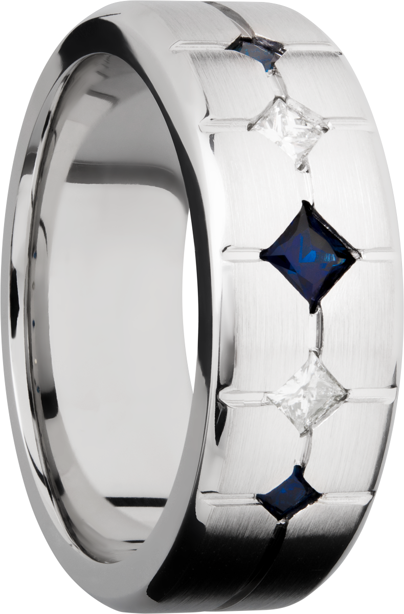 cobalt chrome 8mm beveled band with 3 sapphires and 2 diamonds