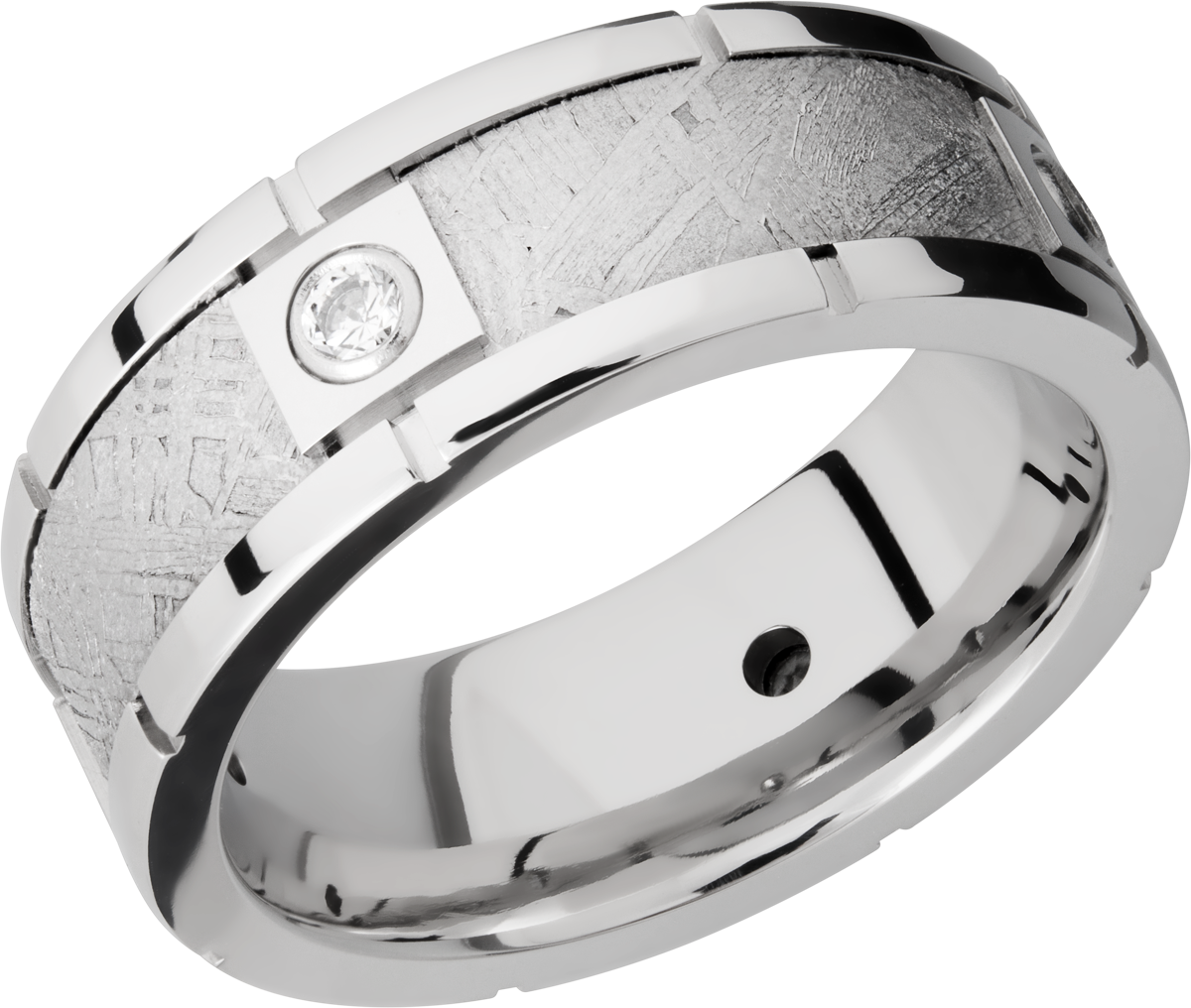 cobalt chrome 8mm beveled band with four segments bezel-set with .07ct white diamonds in an inlay of authentic gibeon meteorite