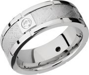 Cobalt chrome 8mm beveled band with four segments bezel-set with .07ct white diamonds in an inlay of authentic Gibeon Meteorite