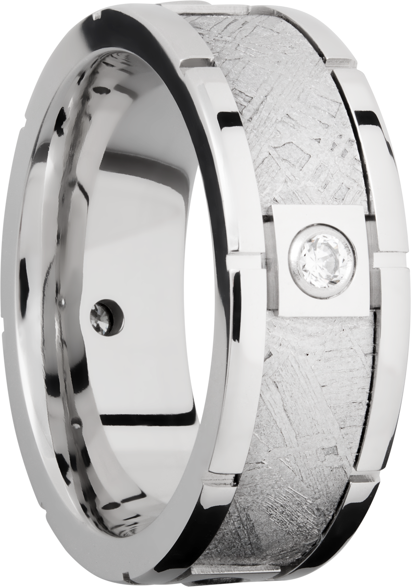 cobalt chrome 8mm beveled band with four segments bezel-set with .07ct white diamonds in an inlay of authentic gibeon meteorite