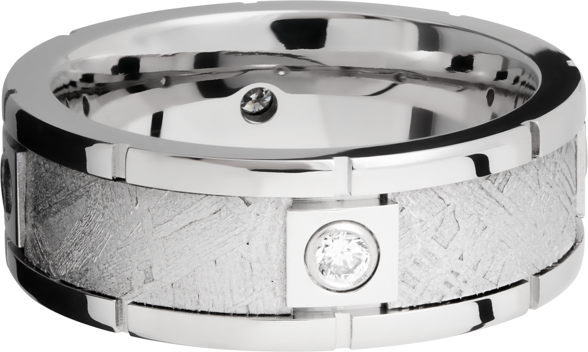 cobalt chrome 8mm beveled band with four segments bezel-set with .07ct white diamonds in an inlay of authentic gibeon meteorite