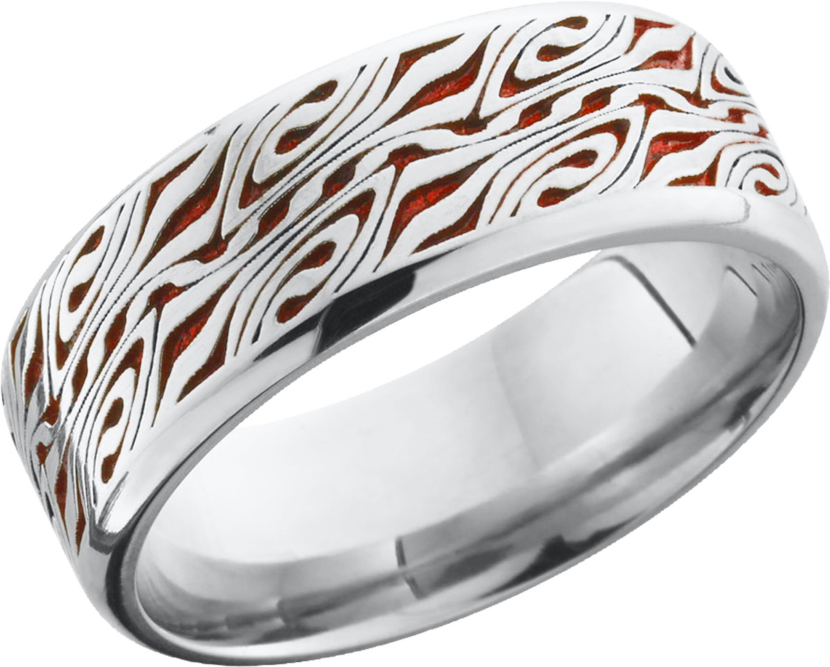 cobalt chrome 8mm beveled band with a laser-carved escher pattern and red cerakote