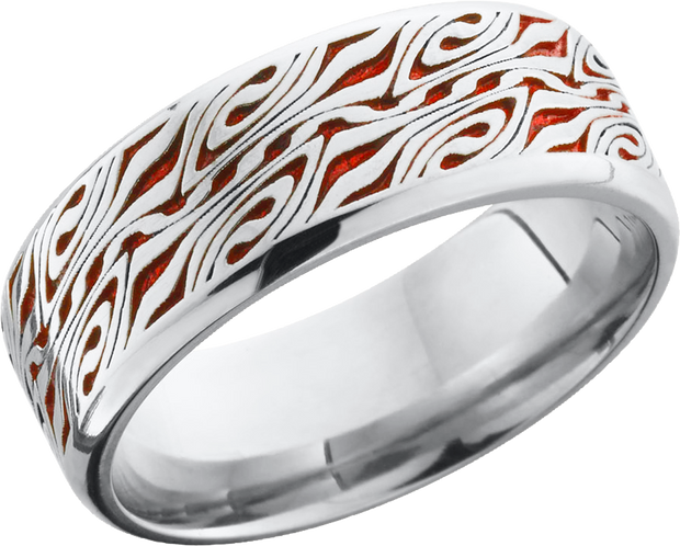 Cobalt chrome 8mm beveled band with a laser-carved Escher pattern and red Cerakote