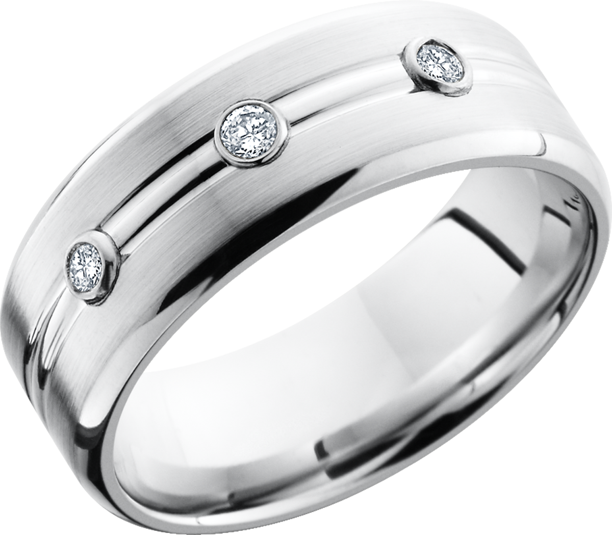 cobalt chrome 8mm domed band with 3, .05ct bezel-set diamonds