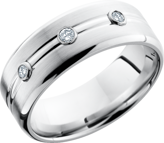 Cobalt chrome 8mm domed band with 3, .05ct bezel-set diamonds