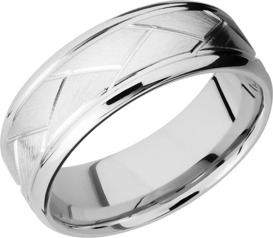 Cobalt chrome 8mm beveled band with laser-carved flatweave pattern