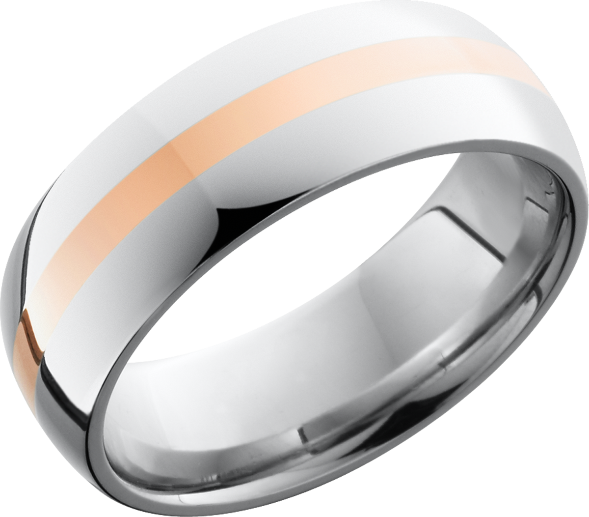 cobalt chrome 8mm domed band with a 2mm inlay of 14k rose gold