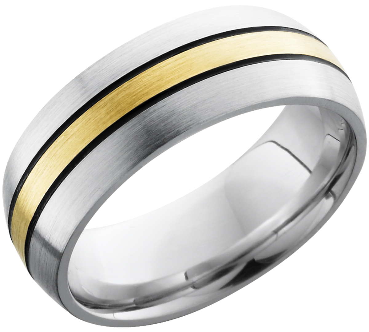 cobalt chrome 8mm domed band with a 2mm inlay of 14k yellow gold and antiquing on either side