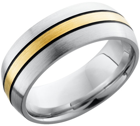 Cobalt chrome 8mm domed band with a 2mm inlay of 14K yellow gold and antiquing on either side