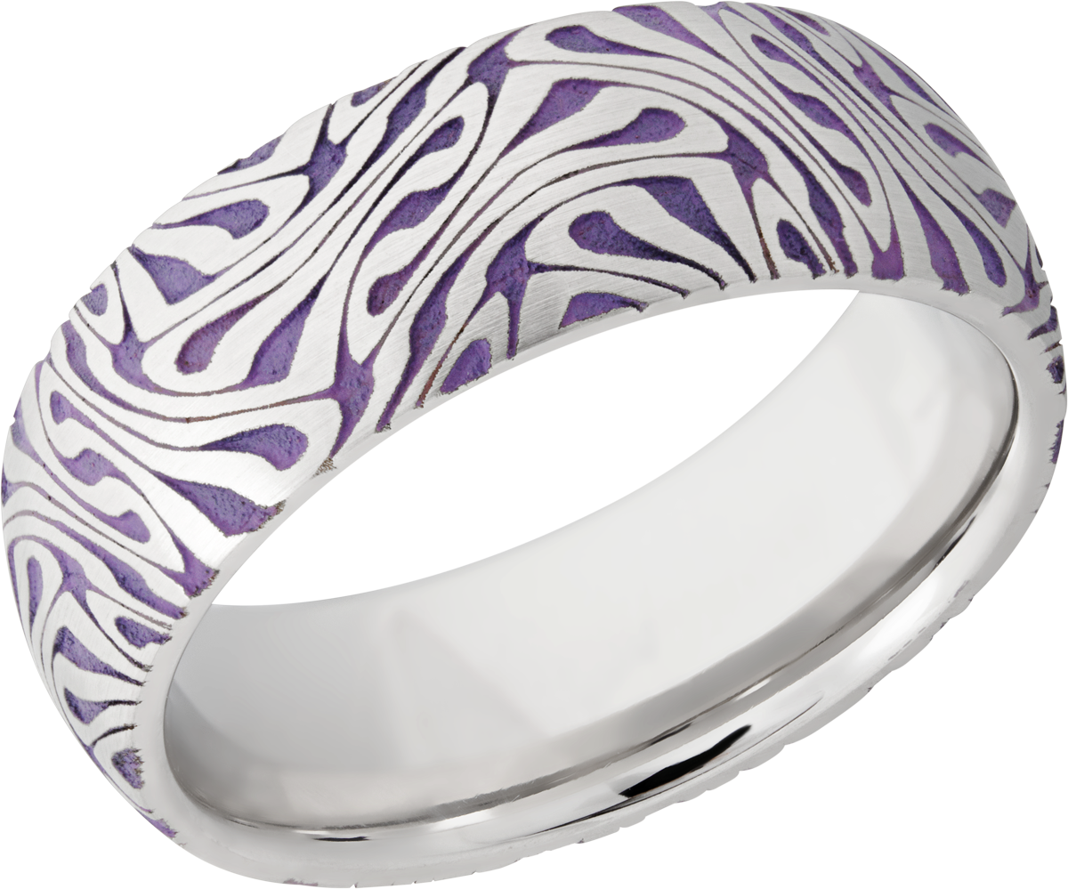 cobalt chrome 8mm domed band with a laser-carved escher pattern featuring bright purple cerakote in the recessed pattern