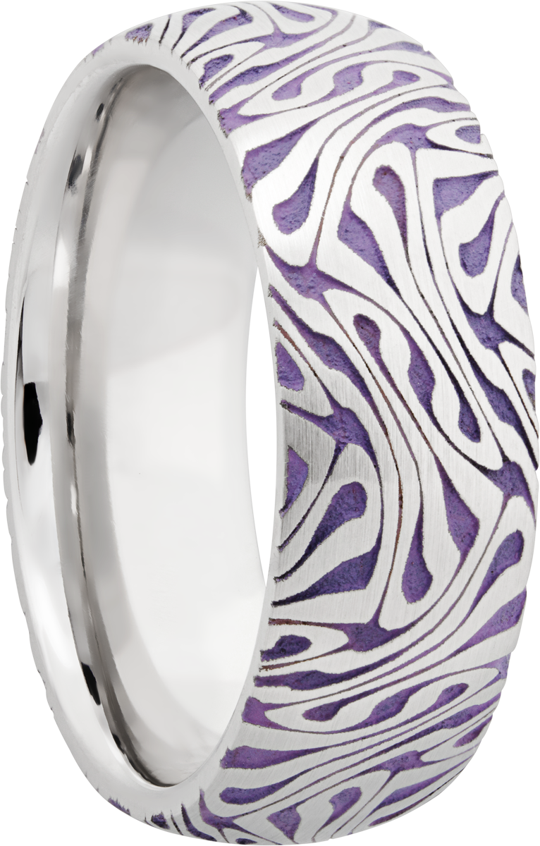 cobalt chrome 8mm domed band with a laser-carved escher pattern featuring bright purple cerakote in the recessed pattern