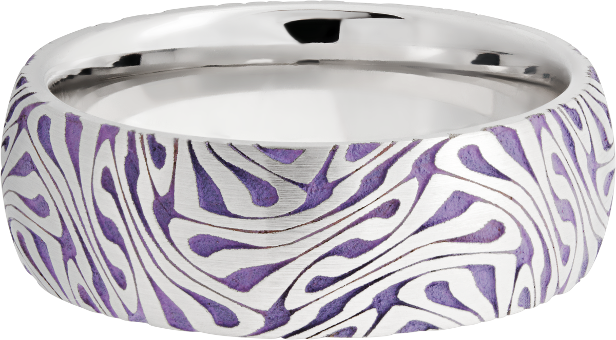 cobalt chrome 8mm domed band with a laser-carved escher pattern featuring bright purple cerakote in the recessed pattern